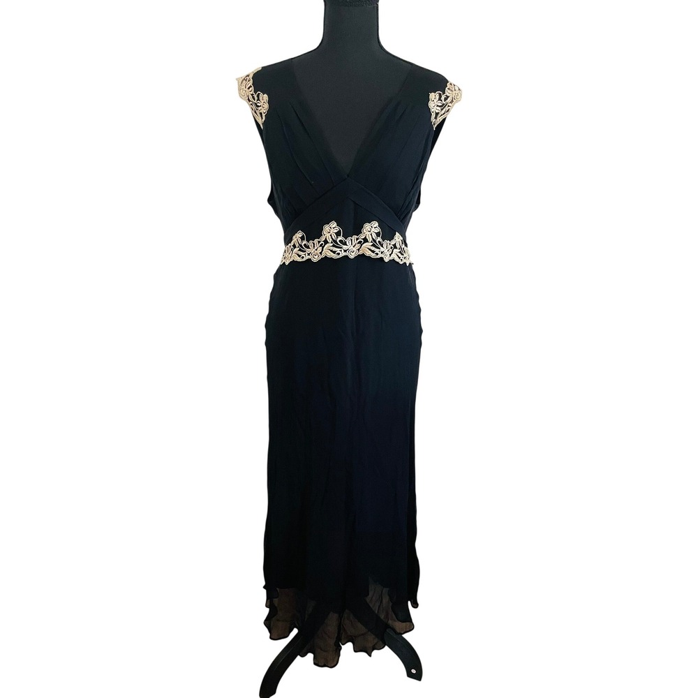 Vtg Jonathan Martin Black Silk Lace Tie Maxi‎ Dress Gown Whimsigoth Fairy V-Neck